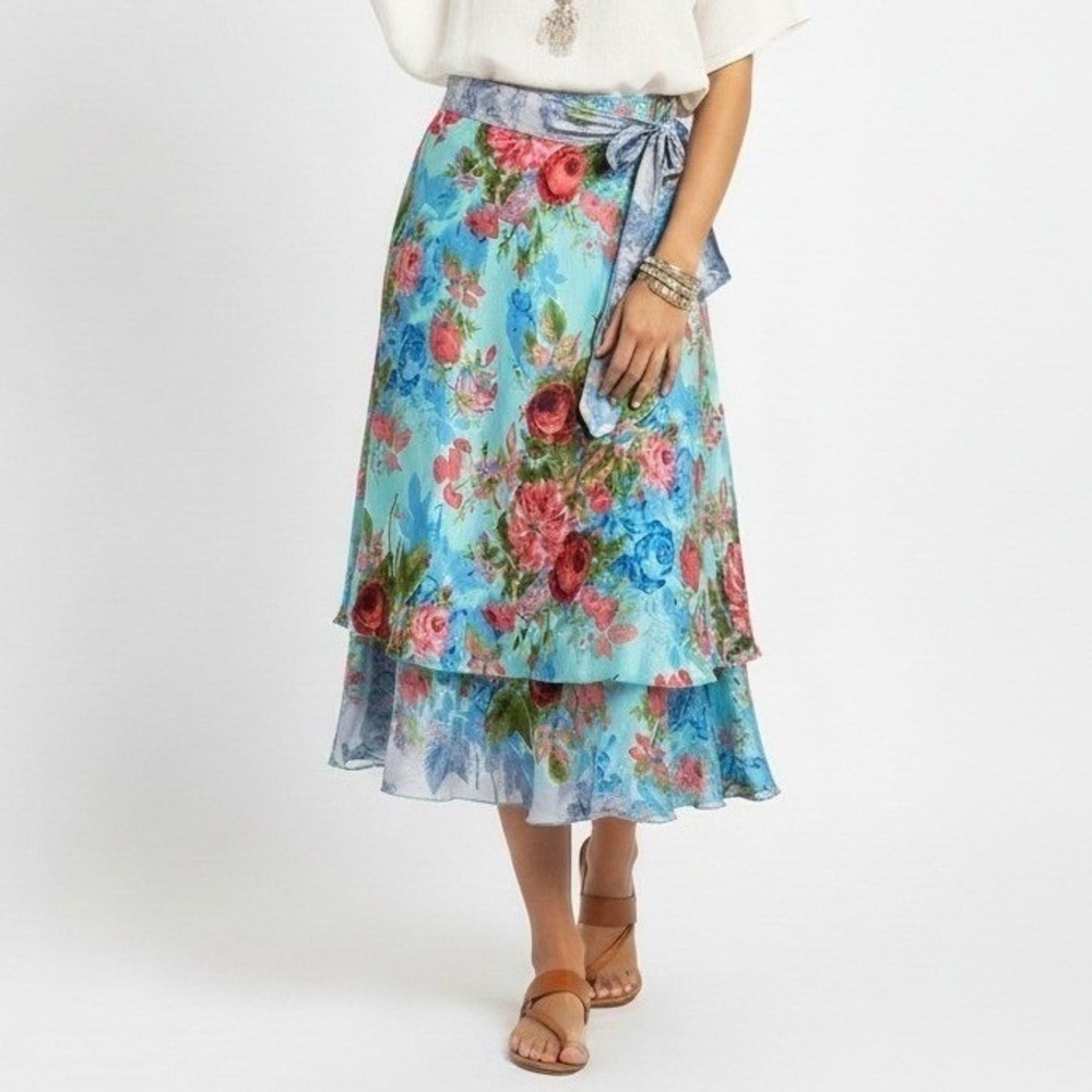 Kariza Designs Silk Viscose Wrap Skirt Floral Print Teal Red Blue Midi Medium